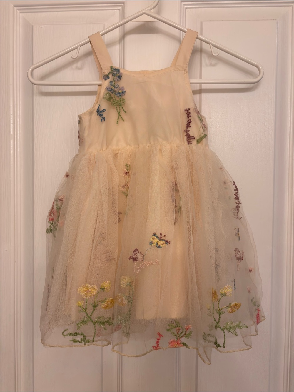 Source Unknown Cream Tulle Dress with Floral Embroidery